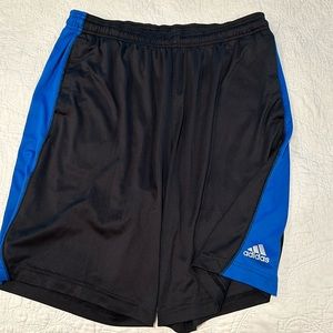 Adidas Climalite Athletic Shorts Sz Large, blue and black w/ drawstring/elastic